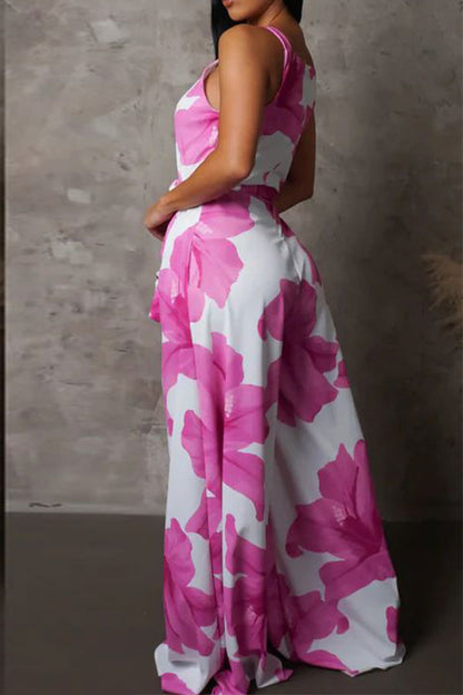 storexq Floral Print Elegant Belted Wide Leg Jumpsuit