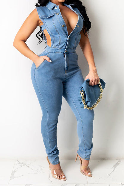 storexq Denim Pretty Cutout Button Down Jumpsuit