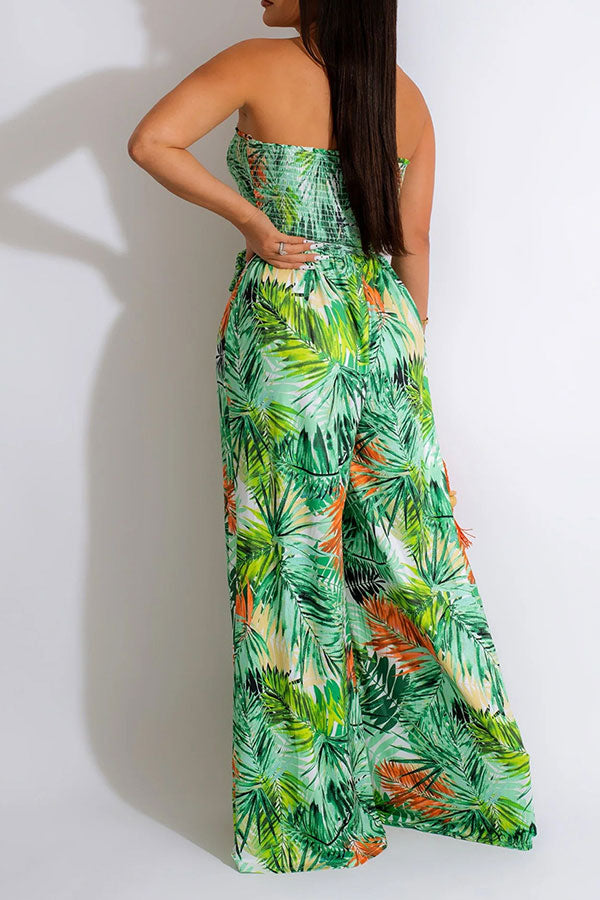 storexq Leaf Print Strap Shirred Urban Wide Leg Jumpsuit