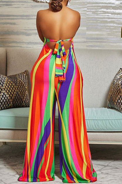 storexq Colorful Striped Tie Back Wide Leg Jumpsuit