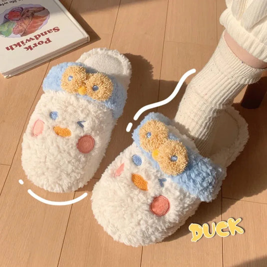 YvvCvv Cute Fuzzy Duck Slippers Women Fluffy Furry Slippers  Winter Warm Plush Slides Indoor Slippers Girls Kawaii Shoes