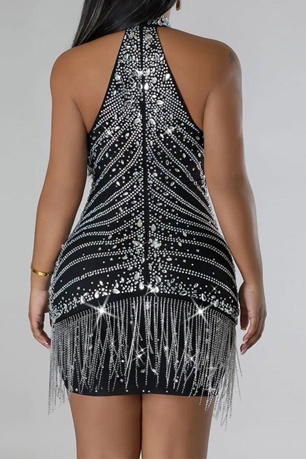 storexq Rhinestone Tassel Rocking Halter Collar Mini Dress