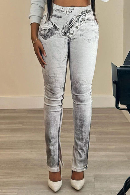 storexq Imitation Denim Print Casual Bodycon Pants