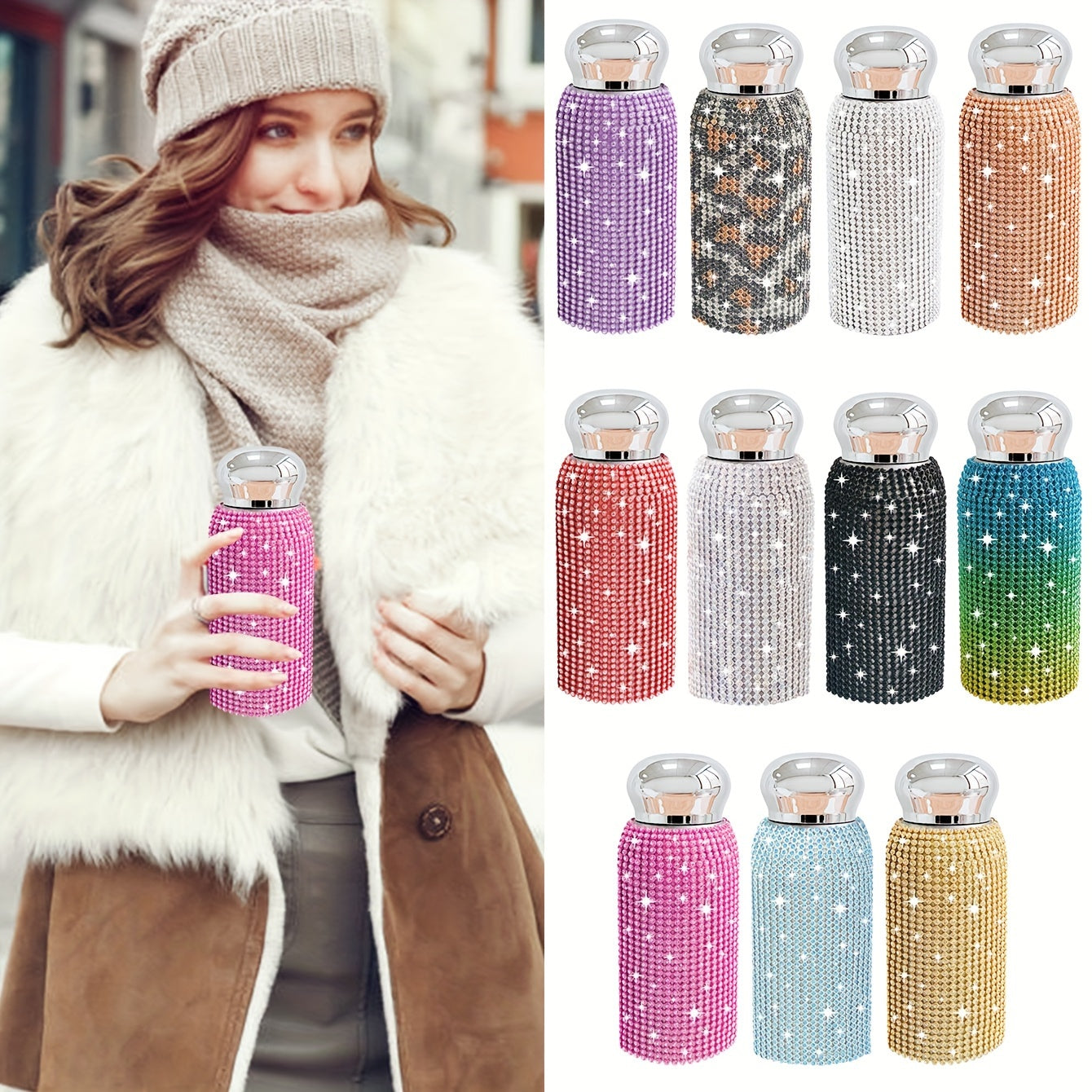 1pc, Sparkling Studded Vacuum Flask, 6oz/8oz Stainless Steel Insulated Water Bottles, Mini Travel Thermal Cups, For Hot And Cold Beverages, Summer Winter Drinkware, Christmas Gifts, Valentine's Day Gifts