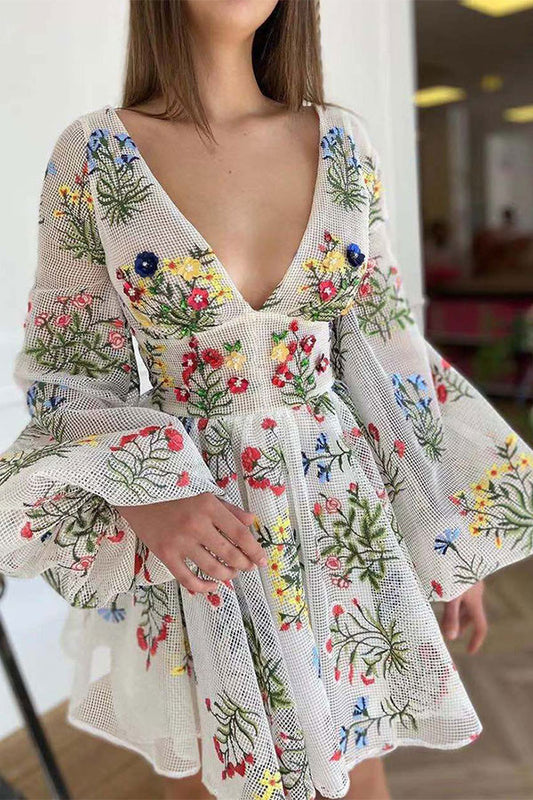 storexq Floral Embroidery Puff Sleeve Sophisticated A-Line Mini Dress