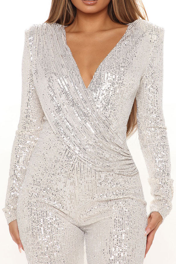 storexq Sequined Glittery Deep V Neck Jumpsuit