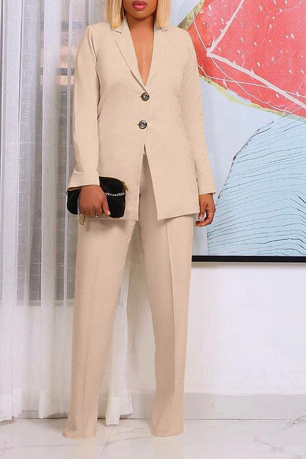 storexq Solid Color Notched Lapel Feminine OL Pant Suit