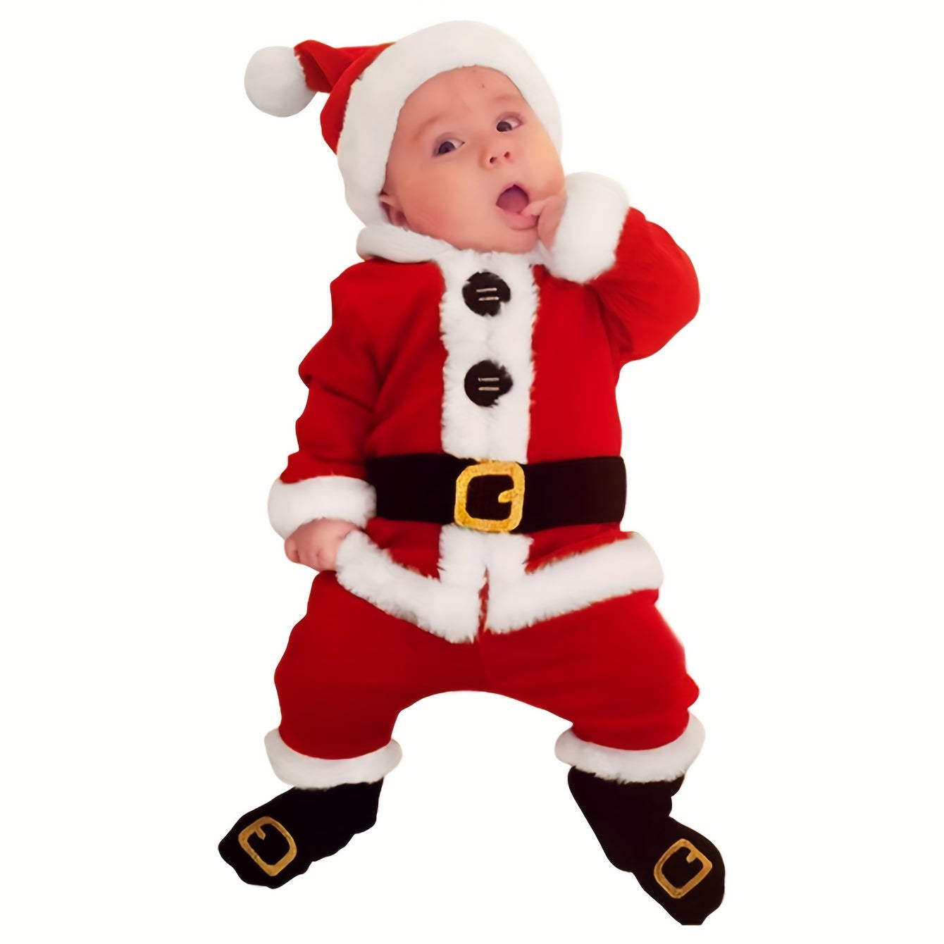 Adorable 4pcs Santa Claus Costume Set for Youngsters - Red Polyester Outfit with Lapel Jacket, Pants, Hat & Shoe Covers - Perfect for Christmas Parties