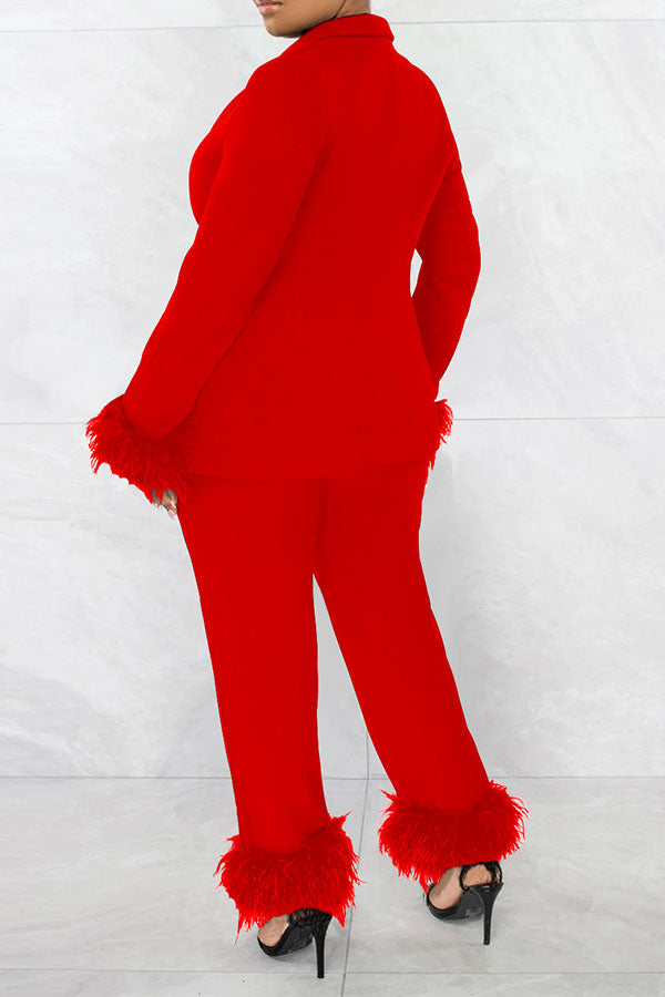 storexq Solid Color Glamorous Feather Trim Office Pant Suit