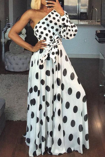 storexq Polka Dot Sweet Irregular One Shoulder Maxi Dress