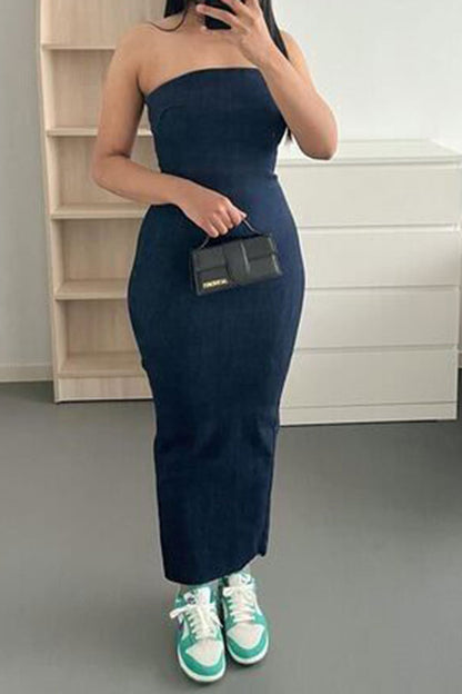 storexq Solid Color Flattering Split Back Denim Midi Dress