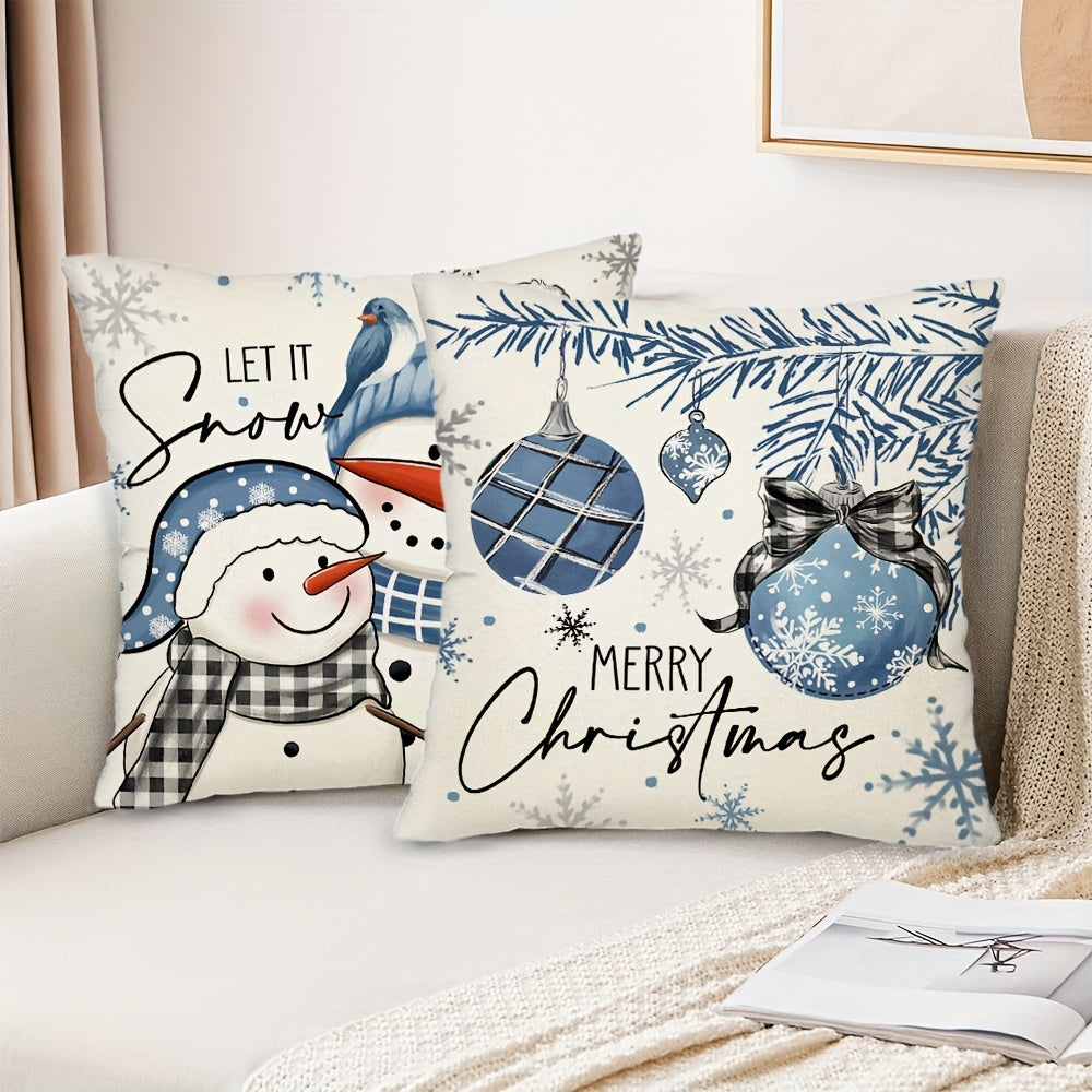 4pcs/set Christmas Pillow Covers, Cute Square Cushion Covers, Blue Style Merry Christmas Text Pattern Throw Pillow Covers, Christmas Tree, Jingle Bell & Santa Claus Cushion Case, Ideal For Home Sofa Living Room Winter Holiday Decor, 17.7x17.7 Inch