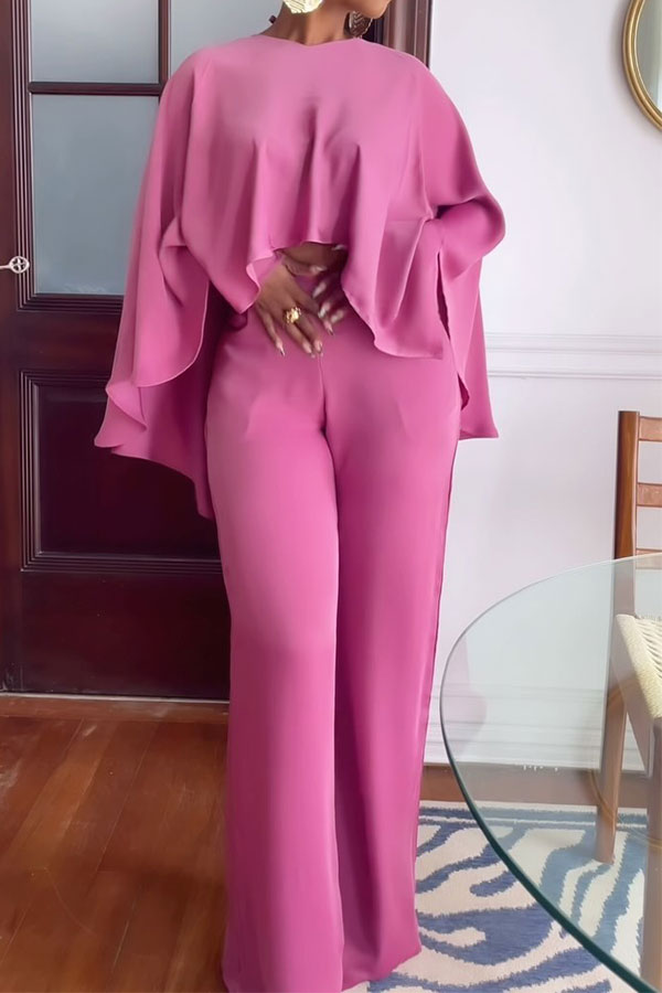 storexq Solid Color Flowy Cape Sleeve Pretty Pant Suit