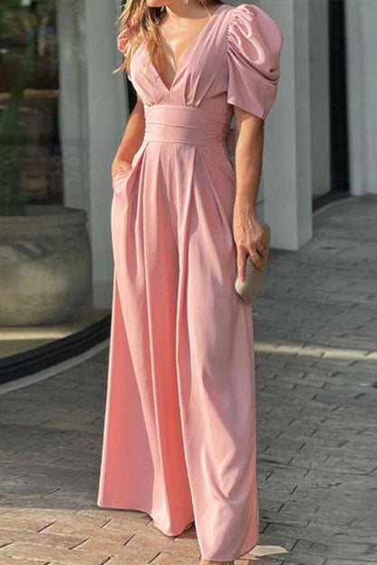 storexq Solid Color Puff Sleeve Pretty Wide Leg Jumpsuit