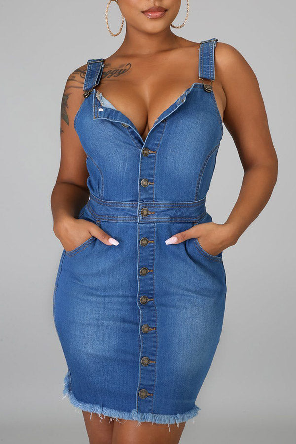 storexq Solid Color Classic Button Down Denim Mini Dress