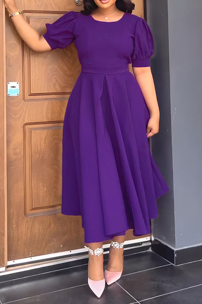 storexq Solid Color Sweet Cutout Waist Pleated Midi Dress