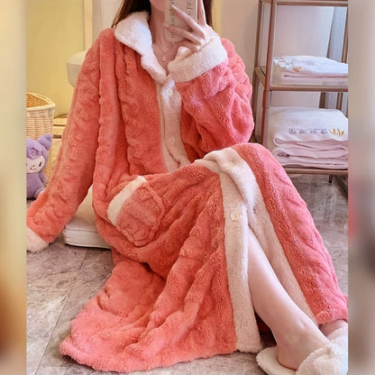 1pc Plush Coral Fleece Bathrobe - Soft, Thickened, Long Sleeve Nightgown for Women - Luxurious Sleepwear and Loungewear for Autumn and Winter - Bathroom Essentials