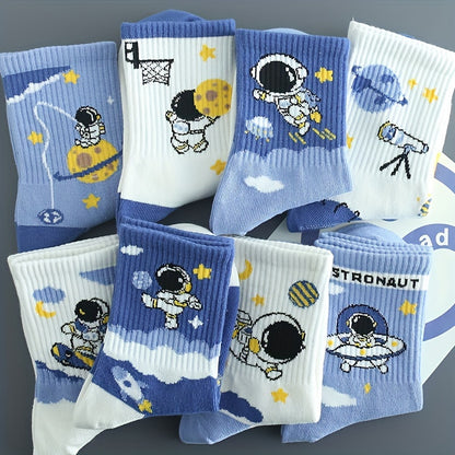 8 Pairs Of Kid's Fashion Cute Astronaut Pattern Crew Socks, Comfy & Breathable Soft & Elastic Sport Socks For Spring And Summer