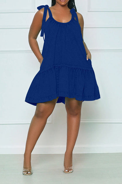 storexq Denim Girly Tie Strap Ruffle Swing Mini Dress