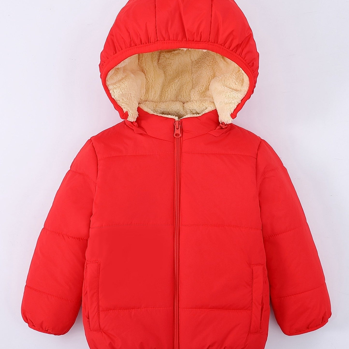 Baby's Solid Color Fuzzy Lining Quilted Jacket With Detachable Hood, Warm Zip Up Padded Coat, Baby Boy's Clothing For Fall Winter