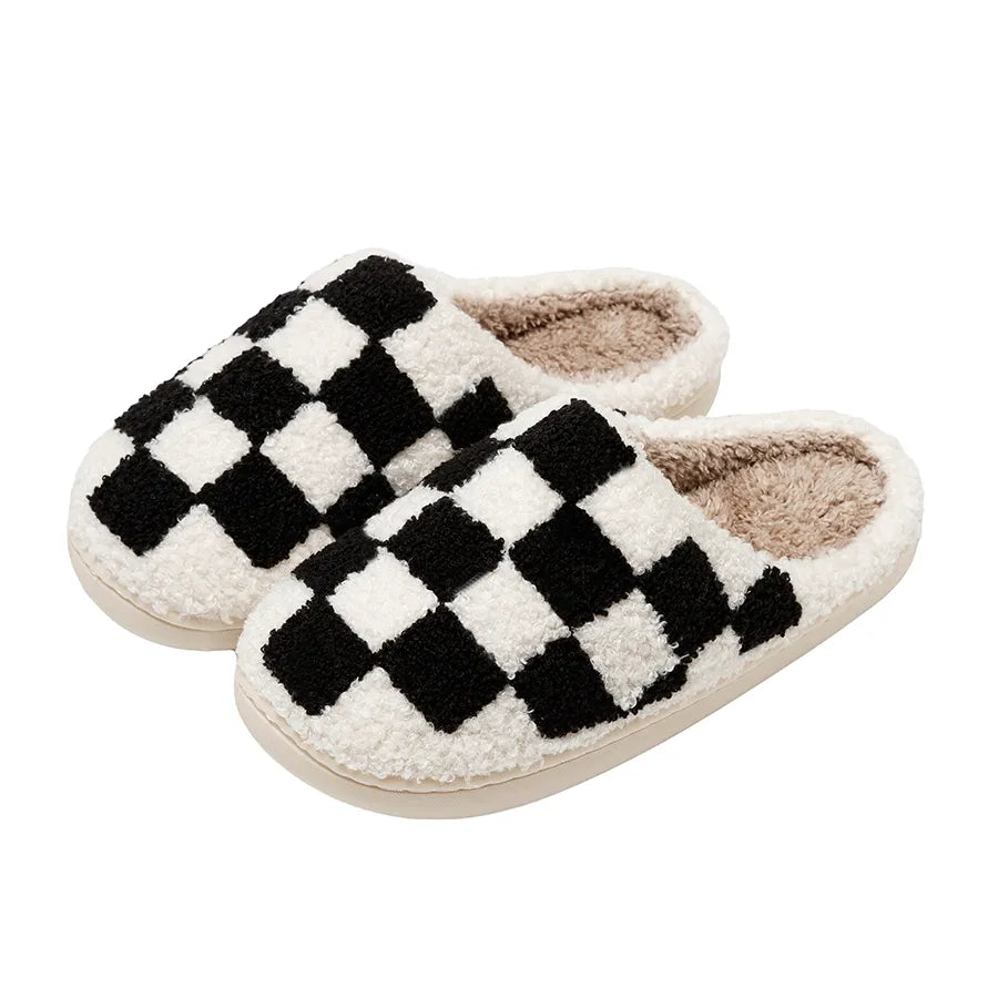 ASIFN Retro Checkered Fuzzy Checker Plush Slippers for Women for Cozy Winter Comfort Fluffy House Soft Shoes Indoor Sole