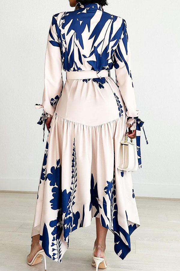 namcoverse Floral Print Feminine Belted Irregular Maxi Dress