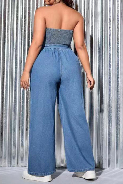 storexq Strap Shirred Smart Denim Wide Leg Jumpsuit