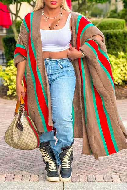 namcoverse Colorful Striped Feminine Cold Shoulder Cardigan