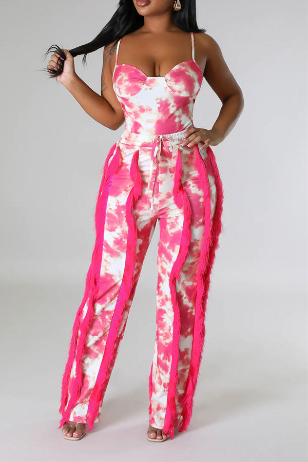 storexq Tie Dye Pretty Tassel Patchwork Pant Suit