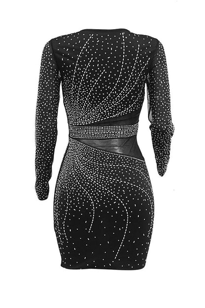 storexq Rhinestone Flirty Mesh Patchwork Mini Dress