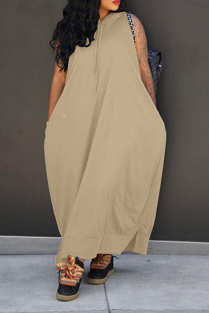 storexq Solid Color Relaxed Hooded Maxi Dress