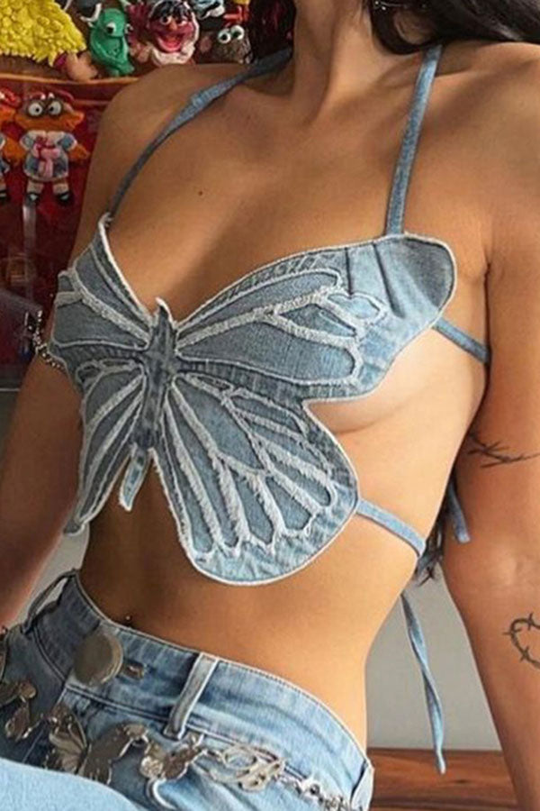 storexq Butterfly Shape Girly Crop Denim Vest