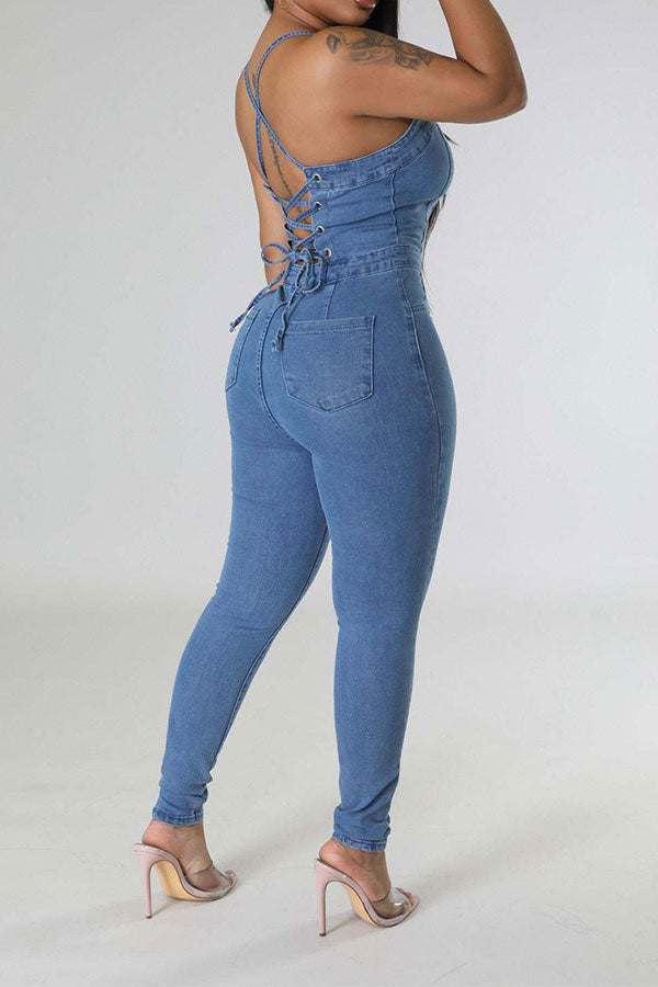 storexq Solid Color Smart Strappy Denim Jumpsuit