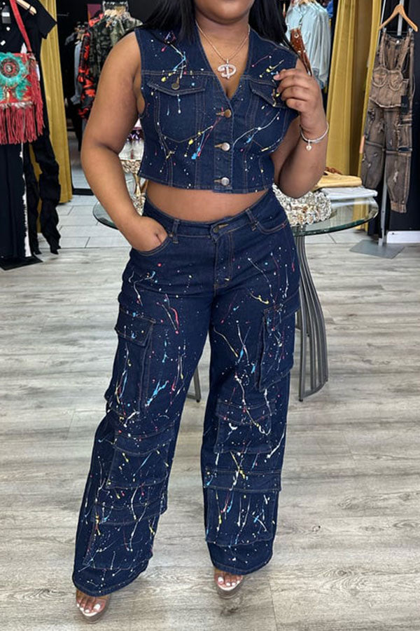 storexq Splash Ink Print Cozy Multi Pocket Denim Pant Suit