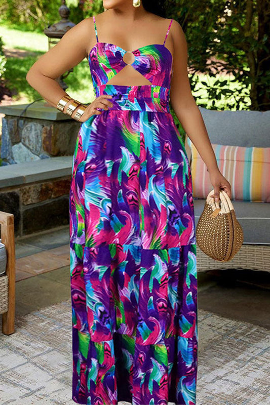 storexq Feather Print Colorful Tiered Ruffle Maxi Dress