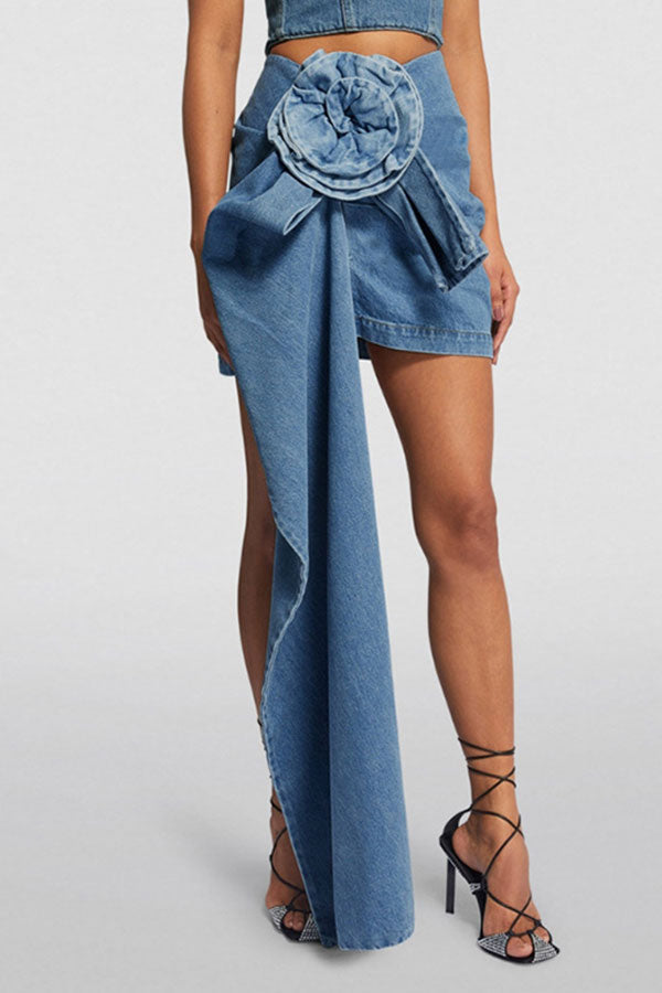 storexq 3D Rose Design Sweet Side Train Denim Skirt