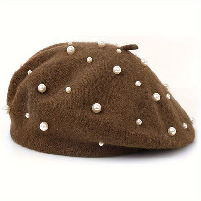 Stylish Pearl Embellished Beret Hat - Soft, Lightweight, Warm, and Elegant Solid Color Painter Cap for Women's Daily Use in Autumn and Winter - Perfect for Casual Outings and Formal Events