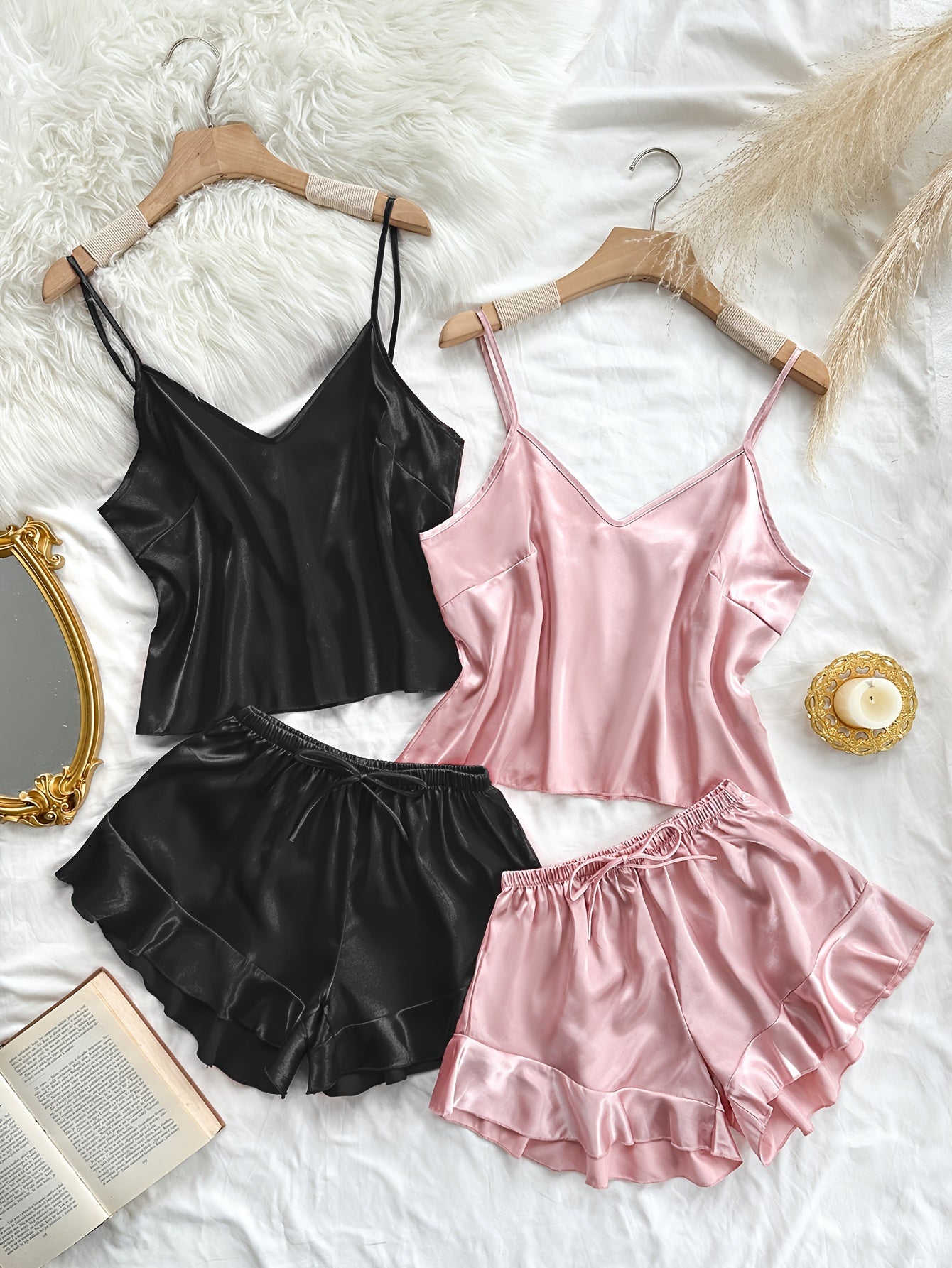 2 Sets | Luxurious Womens Satin Pajama Set - Flirty V-Neck Camisole with Adjustable Straps & Ruffled Shorts - Elegant, Year-Round Sleepwear for a Chic Nights Rest