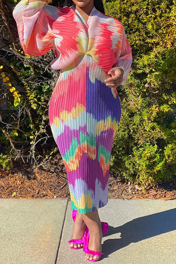 storexq Tie Dye Colorful Batwing Sleeve Midi Dress