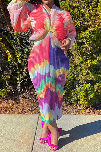 storexq Tie Dye Colorful Batwing Sleeve Midi Dress