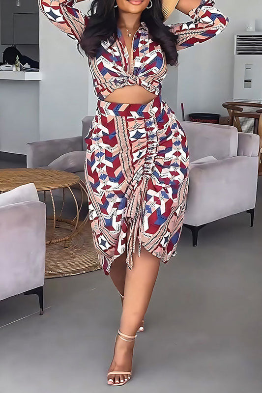 storexq Geometric Print Retro Drawstring Dress Suit