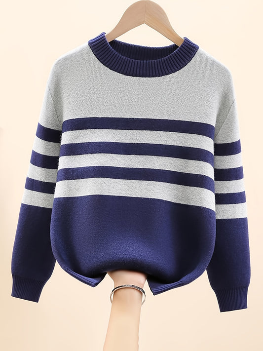 Cozy Boys' Striped Sweater - Soft, Thick, Warm, and Stretchy Round Neck Long Sleeve Knit Pullover Top for Outdoor Play - Kids' Winter Clothing for Cold Weather