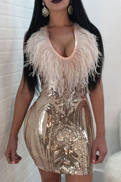 storexq Feather Trim Luxe Sequined Mini Dress