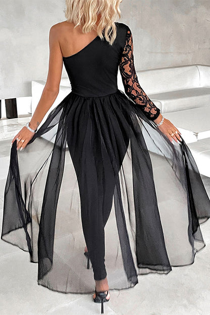 storexq Black Lace Patchwork Striking Maxi Overlay Jumpsuit