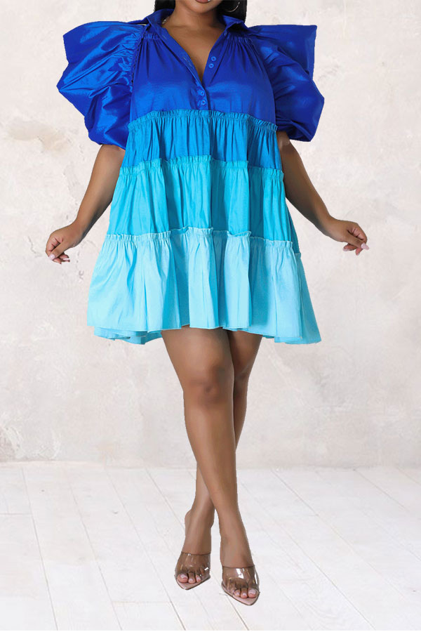 storexq Color Block Cute Tiered Ruffle Mini Dress