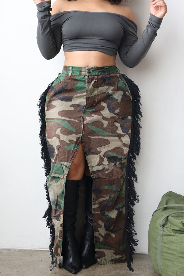 storexq Camouflage Hot High Split Side Tassel Skirt