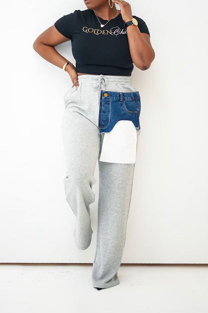 storexq Denim Pocket Patchwork Stylish Drawstring Pants