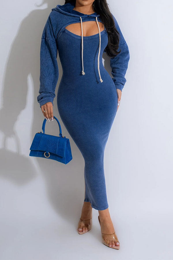 storexq Solid Color Hooded Stylish Bodycon Midi Dress