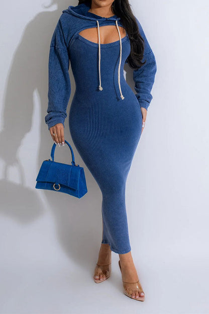 storexq Solid Color Hooded Stylish Bodycon Midi Dress