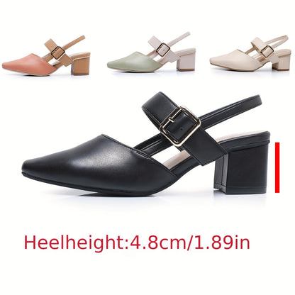 Mid Heel Womens Elegant Mary-Jane Block Heel Pumps - Non-Slip Rubber Sole, Polyurethane PU Faux Leather Upper, Comfortable Fabric Lining, Buckle Strap Slingback Design - All-Season Fashion Shoes for Women